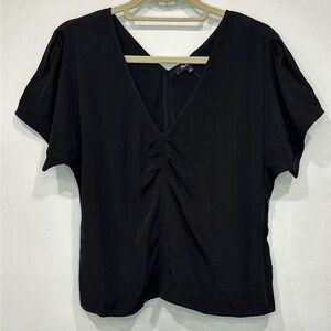 MADEWELL Ruth Floral Jacquard V NECK TOP Size 4 BLACK Side Zip Puff Sleeves NEW